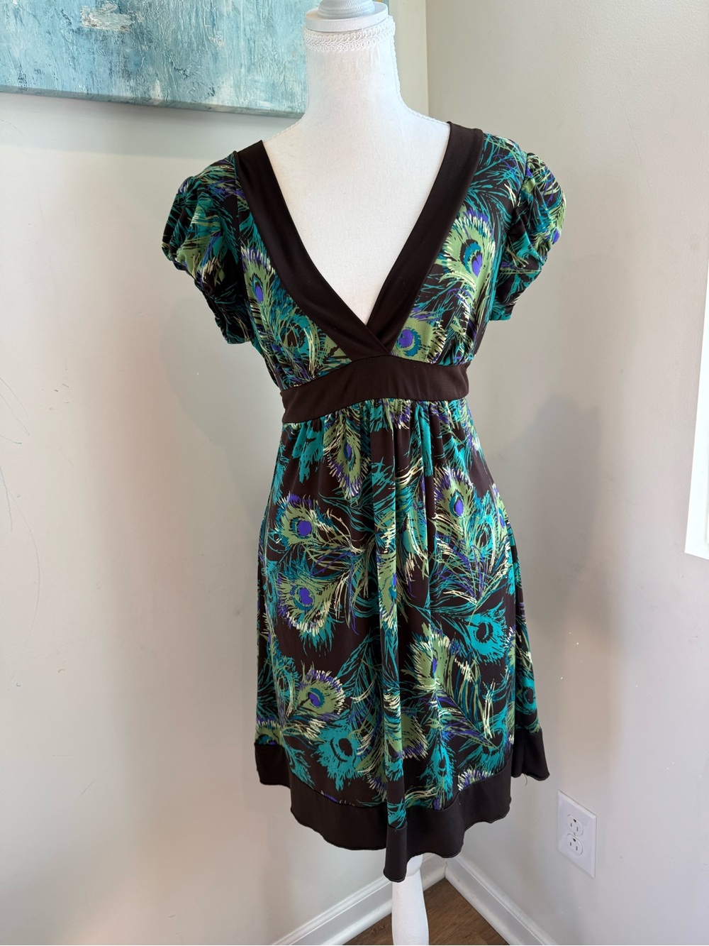Vintage 🌟Y2K🌟 Ruby Rox Peacock 🦚 Print Babydoll Mini Dress L